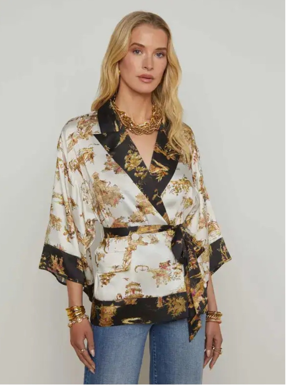 L'AGENCE Hinata Printed Satin Wrap Kimono Jacket - Cream & Black XXS NWT